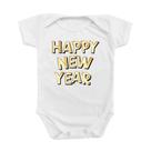 Body de Bebê Roupinha Menino Menina Neutro Frase Feliz Ano Novo Letras Douradas Temático Festas Happ