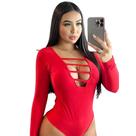 Body Decotado Sexy Profundo de Tirinhas Manga Longa
