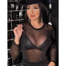Body feminino brilho strass pedraria manga longa tule
