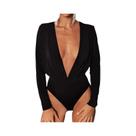 Body feminino com decote em V profundo, manga comprida, costas nuas, franjas, body sexy de baile