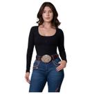 Body Feminino Manga Longa Country Canelado Neutral Texas Farm Ref:41189 Cor:PretoTamanho:GG