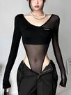 Body Feminino Preto Transparente - Manga Comprida, Decote V e Sem Costas Body Feminino Preto Transparente - Manga Comprida, Decote V e Sem Costas