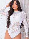 Body Feminino Renda Floral Manga Longa Transparente Sensual