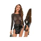 Body Feminino Sexy De Rede Com Manga Comprida, Strass Brilhantes, Ajuste Justo E Elástico Para