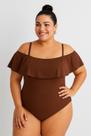 Body Maiô Plus Size Suplex Babado Ciganinha Marrom Ombro a Ombro G1 50 a 52