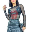 Body Manga Longa Tule Transparente Pedraria Brilho Festa Boca