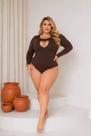 Body Plus Size Feminino Manga Longa Decote Gota Cut Out Cor:MarromTamanho:XG