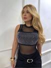 Body regata faixa anita de tule transparente com aplique de pedrarias de brilho prata Body regata faixa anita de tule transparente com aplique de pedrarias de brilho prata