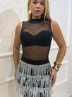 Body regata hematita tule transparente com aplique de fios lurex
