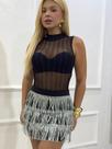 Body regata simone tule transparente com aplique de fios prata Body regata simone tule transparente com aplique de fios prata