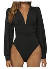 Bodysuit feminino WDIRARA, decote em V profundo, canelado, manga comprida, preto
