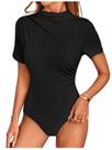 Bodysuit Milumia, camiseta feminina casual franzida, com gola simulada, preta
