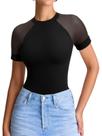 Bodysuit REORIA Sheer Mesh, manga curta, gola redonda, preto