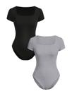 Bodysuit RoseSeek feminino com gola quadrada, manga curta, 14Y, preto/cinza Bodysuit RoseSeek feminino com gola quadrada, manga curta, 14Y, preto/cinza