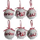 Bolas De Natal Jogo C/ 6 - C/ Dizeres - Luz / Sonhos / Paz Ø8cm Com Perolas.