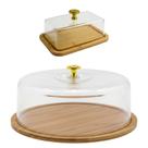 Boleira Porta Bolo Torta Base Bambu Tampa Acrílico Pegador Dourado - Boleira Porta Bolo Torta Base Bambu Tampa Acrílico Pegador Dourado -