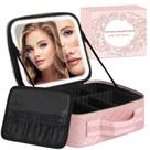 Bolsa de maquiagem com espelho LED, organizadora de maquiagem, estojo de trem com 1 x, 2 x, 3 x espelho de maquilhagem, brilho ajustável em 3 configurações de cores, bolsa de maquiagem portátil com porta-pincel e divisórias de armazenamento, rosa