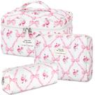 Bolsa de maquiagem senbowe Floral, pacote com 3, algodão acolchoado e laço rosa