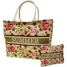 Bolsa De Praia Bege Estampada Colorida Com Flores Pássaros