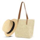 Bolsa De Praia Feminina Grande Alça De Couro Kit Chapéu Top