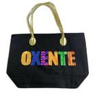 Bolsa De Praia Palha Feminina Com Zíper De Ombro Oxente Sacola Ecobag Tote Juta Com Alça Dourada preto