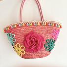 Bolsa de Ráfia Pink com Apliques Coloridos Bordados de Crochê