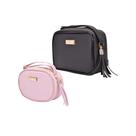 Bolsa Feminina Kit 2 Peças Quadrada Média Preto Transversal + Oval Pequena Rosa Transversal