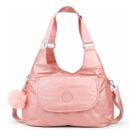 Bolsa Feminina Metalizada Nylon Impermeável Ombro e Transversal com Pompom com Bolsos e Zíper