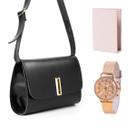 Bolsa feminina pequena transversal tiracolo casual preta carteira off relogio dourado