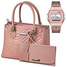 Bolsa Feminina Tiracolo Alça Dupla Ombro e Transversal com Carteira de Mão Rosa + Relógio Digital de Pulso Pulseira Inoxidável Bolsa Feminina Tiracolo Alça Dupla Ombro e Transversal com Carteira de Mão Rosa + Relógio Digital de Pulso Pulseira Inoxidável