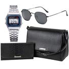 Bolsa Feminina Transversal Tiracolo Croco e Carteira de Mão Preta + Relógio de Pulso Inoxidável + Óculos de Sol Proteção UV Bolsa Feminina Transversal Tiracolo Croco e Carteira de Mão Preta + Relógio de Pulso Inoxidável + Óculos de Sol Proteção UV