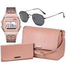 Bolsa Feminina Transversal Tiracolo Tote e Carteira Feminina Rosa + Relógio de Pulso Inoxidável + Óculos de Sol Proteção UV Bolsa Feminina Transversal Tiracolo Tote e Carteira Feminina Rosa + Relógio de Pulso Inoxidável + Óculos de Sol Proteção UV
