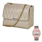 Bolsa Metalassê Feminina Transversal Alça com Corrente Bege + Relógio Digital Aço Inoxidável