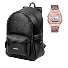 Bolsa Mochila Feminina Escolar Faculdade Preta + Relógio Digital Led de Pulso À Prova Dgua Aço Inoxidável