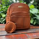 Bolsa Mochila Jenne Janne Feminina de Costas com Porta Moedas em Couro Caramelo