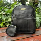 Bolsa Mochila Jenne Janne Feminina de Costas com Porta Moedas em Couro Preto