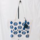 Bolsa Olho Grego bordados manuais com pedrarias, miçangas e perólas, alças estilo corda, zíper
