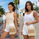 Bolsa Palha Feminina Transversal Boho Chic Leve Artesanal Elegante Útil e Sofisticada Luxo Cor:Bege Claro escuroTamanho