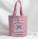 Bolsa Sacola Artesanal de Tecido Professora Escola Listrado Rosa