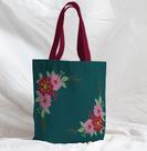 Bolsa Sacola Artesanal de Tecido Verde Flores Marsala
