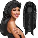 Boné de dormir de cetim preto com design de laço para todos os tipos de cabelo