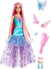 Boneca Barbie Malibu Fashion com 2 animais de estimação fantásticos de 18 cm com vestido