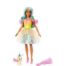 Boneca barbie um toque de magia cabelo azul vestido amarelo - mattel hlc36/hlc34