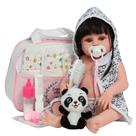 Boneca Bebê Reborn Menina Morena Pandinha Roupão Bolsa Itens