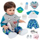 Boneca Bebê Reborn Menino Tubarão Realista Completo 100% Silicone 45cm Pode Dar Banho Conjunto de Roupa Chupeta Mamadeira e Pelúcia