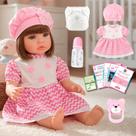 Boneca Bebê Reborn Realista Original Silicone Vestido Listrado Rosa Pode Dar Banho