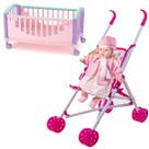 Boneca Bebê Rose Ring Classic Com Kit Carrinho e Bercinho