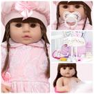 Boneca Estilo Reborn Baby Vestido Rosa Acessórios Enxoval