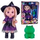 Boneca Luna A Bruxinha Bebê Vestido Roxo Chapéu e Acessórios Chaveirinho