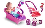 Boneca Milkinhas Petit Banho sai agua de verdade mais Carrinho de passeio Confort Baby 2 em 1 Kit